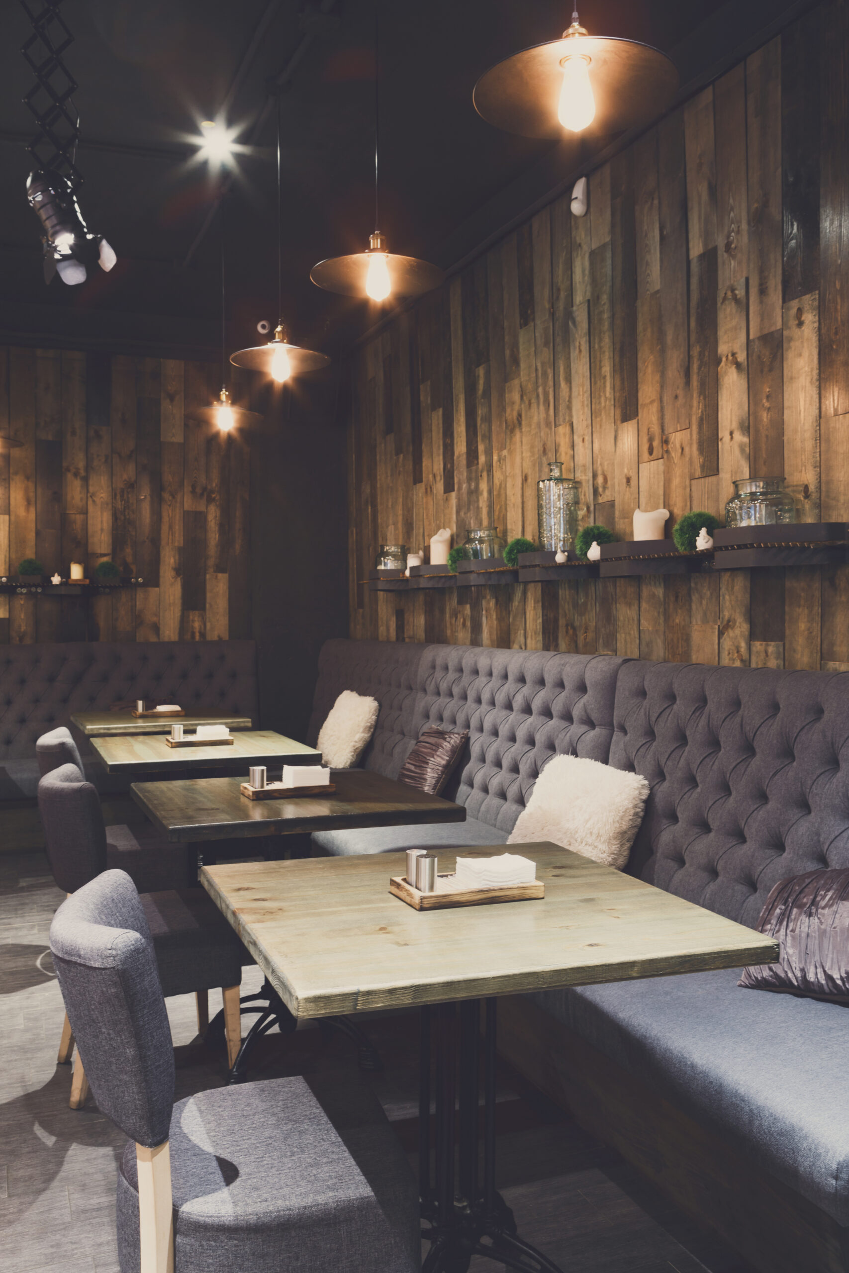 Cozy wooden interior of restaurant, copy space